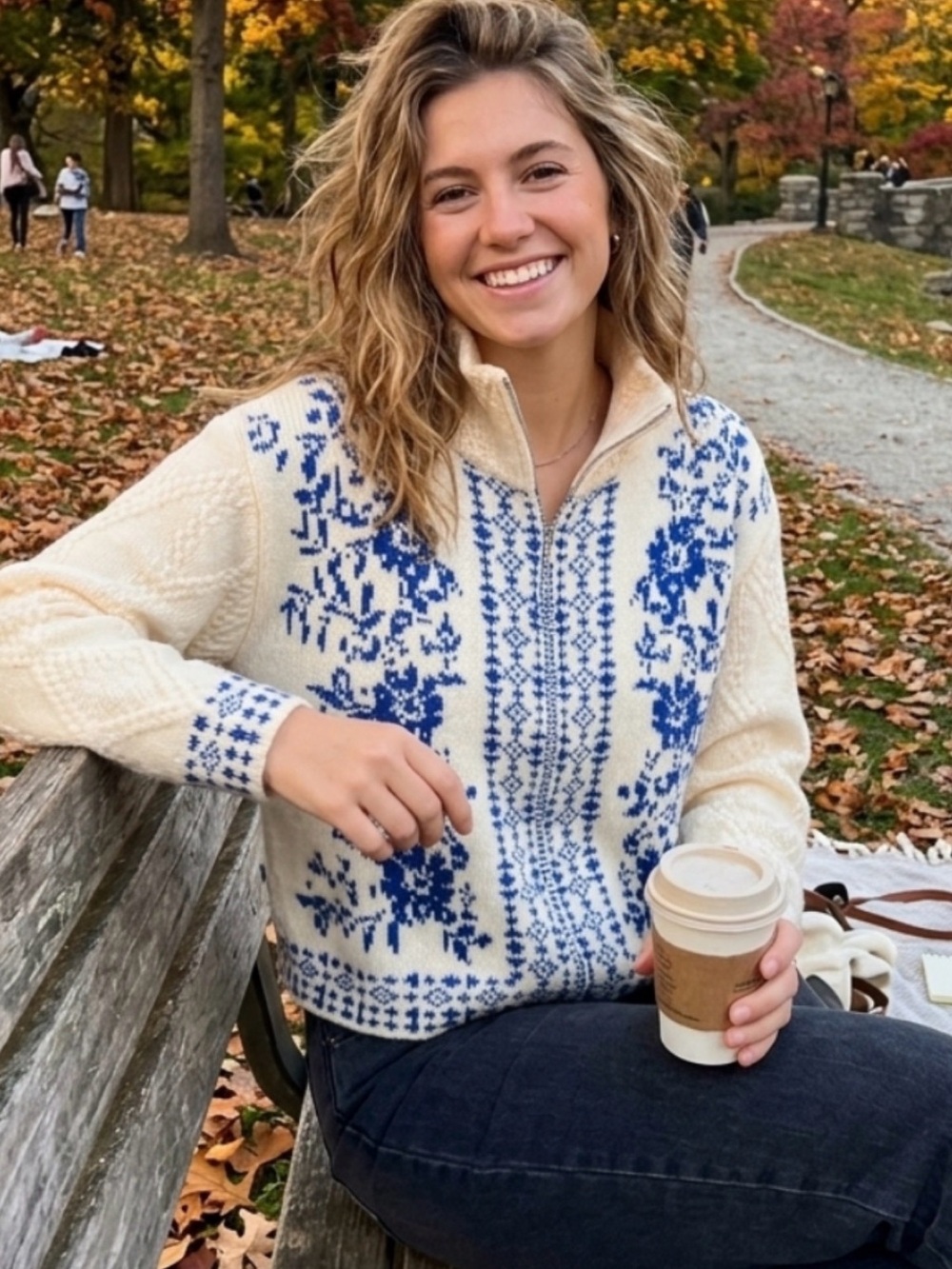 Blue and Cream Patterned Women's Zip up cardigan Sweater/ size Large